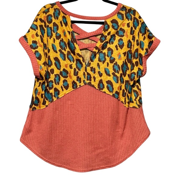 Umgee Animal Print Waffle Knit Mustard Mauve Short Sleeve Boho Casual Blouse - Picture 5 of 9